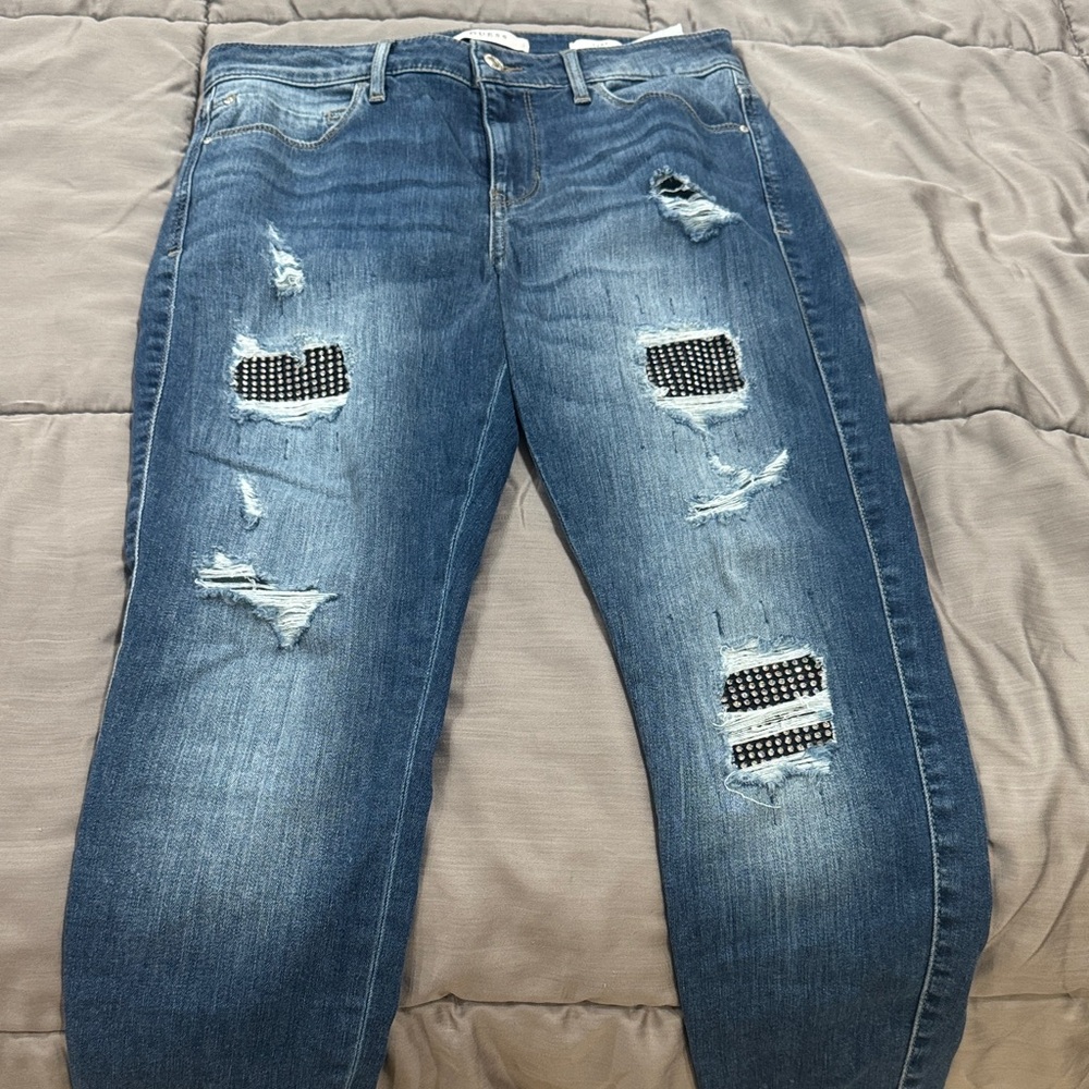 Guess Blue Distressed Boyfriend Jeans with Patchwork